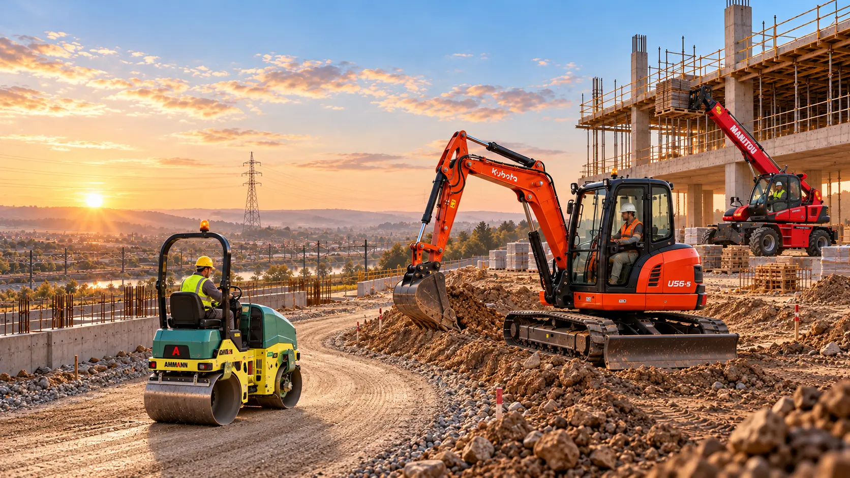 Șantier la răsărit: cilindrul Ammann compactează drumul de acces lângă excavatorul Kubota, iar Manitou lucrează în plan secund; stâlp electric și cale ferată electrificată în depărtare.